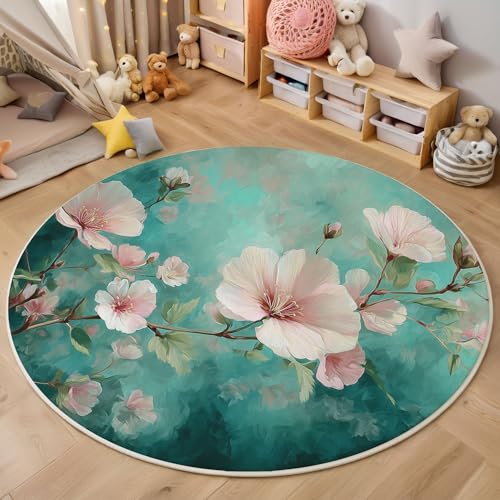 ZISTRCBAO Rosa Blumen rutschfest Runder Teppich 60cm, Aquarellmalerei Runder Teppich Wohnzimmer, Blaugrün Dekoration Teppiche Weich Waschbar Für Zuhause Bodenmatte Schlafzimmer Dekorativer Teppiche von ZISTRCBAO