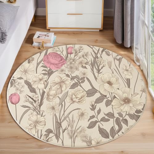 ZISTRCBAO Rosa Blumenranken Teppich Rund 120cm, Vintage-Pflanzen Kurzflor Teppich Rund, Anti-Rutsch Unterseite Weich Kreisteppich Für Wohnzimmer, Schlafzimmer, Büro, Beige von ZISTRCBAO