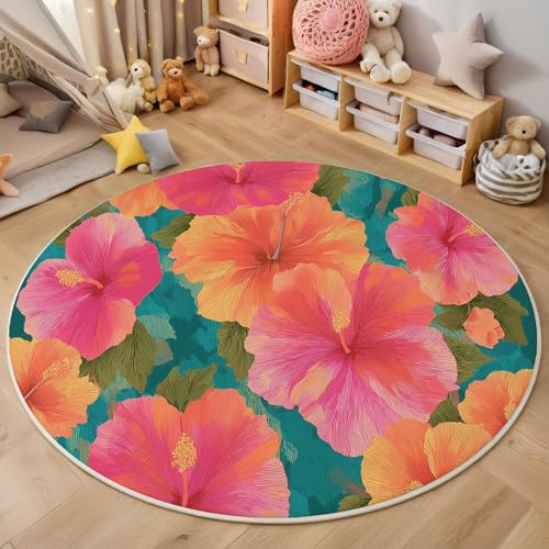 ZISTRCBAO Rosa Hibiskus Kurzflor Teppich Rund, Aquarell Blumen Wohnzimmerteppich, Rosa Runder Teppich 60cm Round Eingangsbereich Waschbar Weich for Wohnzimmer Schlafzimmer Studie Heimbüro von ZISTRCBAO
