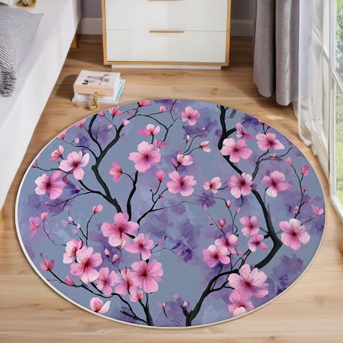 ZISTRCBAO Rosa Kirschblüten Kurzflor Teppich Rund, Aquarell Blumen Wohnzimmerteppich, Lila Runder Teppich 60cm Round Eingangsbereich Waschbar Weich for Wohnzimmer Schlafzimmer Studie Heimbüro von ZISTRCBAO