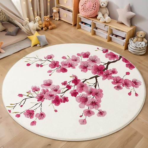 ZISTRCBAO Rosa Kirschblüten Rund Teppich, Japanischer Stil Waschbarer Wohnzimmer Sofa Teppich Kurzflor Couchtischmatte, Rosa Rund 100cm Teppiche Für Schlafzimmer Esszimmer Küche Innen von ZISTRCBAO