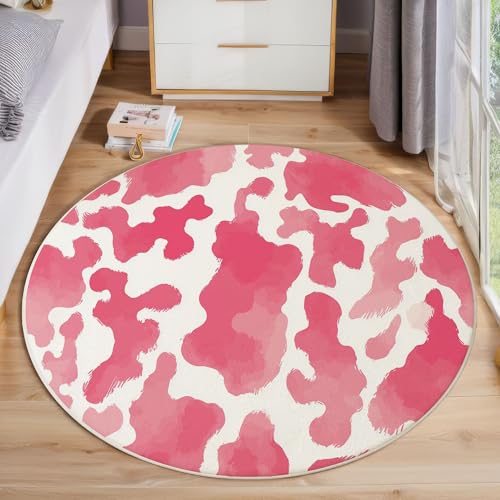 ZISTRCBAO Rosa Kuhmuster rutschfest Runder Teppich 120cm, Minimalismus Runder Teppich Wohnzimmer, Rosa Dekoration Teppiche Weich Waschbar Für Zuhause Bodenmatte Schlafzimmer Dekorativer Teppiche von ZISTRCBAO