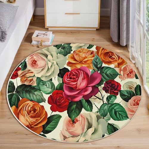 ZISTRCBAO Rosa-Orange Rosen Runder Teppich, Aquarell Blumen Runde Teppiche, Weich Waschbar rutschfest Wohnzimmer Schlafzimmer Nachttisch Restaurant Korridor Fußmatte Teppiche (60cm, Dunkelorange) von ZISTRCBAO