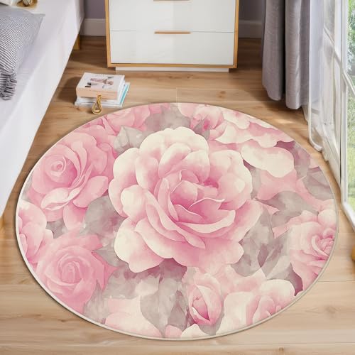 ZISTRCBAO Rosa Rosen Runder Teppich, Aquarell Blumen Runde, Weich Waschbar rutschfest Wohnzimmer Schlafzimmer Nachttisch Restaurant Korridor Fußmatte (60cm, Rosa) von ZISTRCBAO