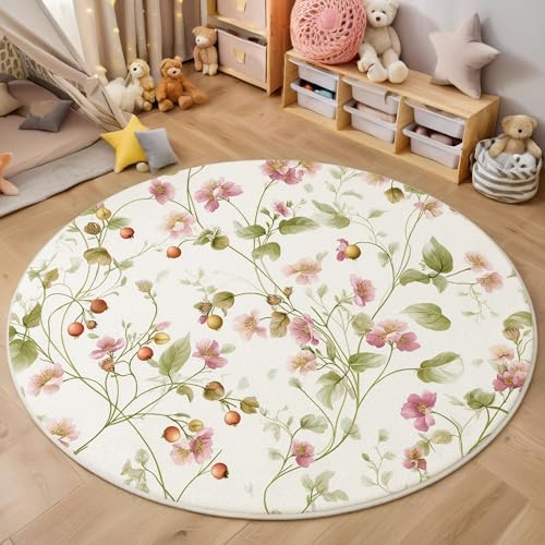 ZISTRCBAO Rosa Rosenranke Kurzflor Teppich Rund, Aquarell Blumen Wohnzimmerteppich, Weiß Runder Teppich 60cm Round Eingangsbereich Waschbar Weich for Wohnzimmer Schlafzimmer Studie Heimbüro von ZISTRCBAO