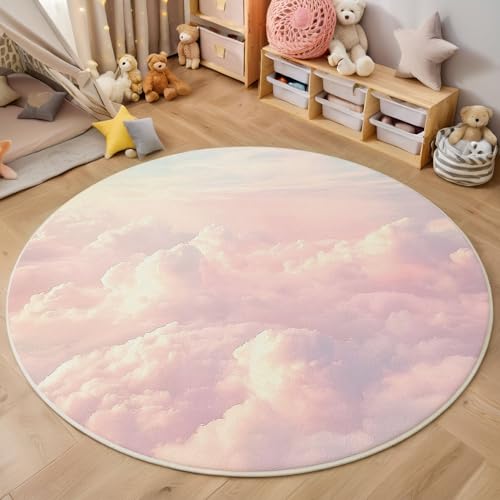 ZISTRCBAO Rosa Wolken Runder Teppich, Schön Verträumt Runde Teppiche, Weich Waschbar rutschfest Wohnzimmer Schlafzimmer Nachttisch Restaurant Korridor Fußmatte Teppiche (100cm, Hellrosa) von ZISTRCBAO