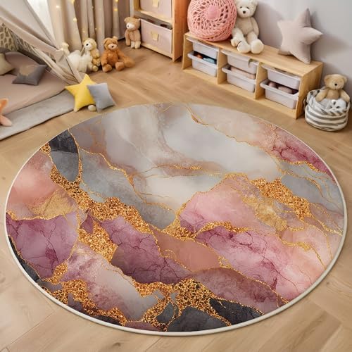 ZISTRCBAO Rosagold-Marmor Kurzflor Teppich Rund, Moderner Luxus Wohnzimmerteppich, Rosa Runder Teppich 180cm Round Eingangsbereich Waschbar Weich for Wohnzimmer Schlafzimmer Studie Heimbüro von ZISTRCBAO
