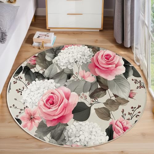 ZISTRCBAO Rosenhortensie rutschfest Runder Teppich 120cm, Aquarell Blumen Runder Teppich Wohnzimmer, Grün Dekoration Teppiche Weich Waschbar Für Zuhause Bodenmatte Schlafzimmer Dekorativer Teppiche von ZISTRCBAO