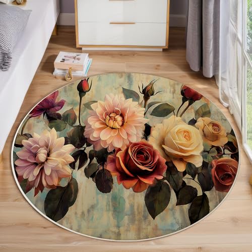 ZISTRCBAO Rosenpfingstrose Kurzflor Teppich Rund, Vintage Blumen Wohnzimmerteppich, Mehrfarbig Runder Teppich 100cm Round Eingangsbereich Waschbar Weich for Wohnzimmer Schlafzimmer Studie Heimbüro ZISTRCBAO Rosenpfingstrose Kurzflor Teppich Rund, Vintage Blumen Wohnzimmerteppich, Mehrfarbig Runder Teppich 100cm Round Eingangsbereich Waschbar Weich for Wohnzimmer Schlafzimmer Studie Heimbüro von ZISTRCBAO