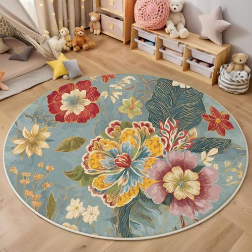 ZISTRCBAO Rot-Gelbe Blumen Kurzflor Teppich Rund, Retro-Boho Wohnzimmerteppich, Mehrfarbig Runder Teppich 160cm Round Eingangsbereich Waschbar Weich for Wohnzimmer Schlafzimmer Studie Heimbüro von ZISTRCBAO