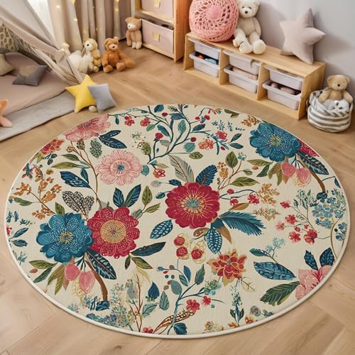 ZISTRCBAO Rot Rosa Blumen Kurzflor Teppich Rund, Retro Boho Wohnzimmerteppich, Creme Runder Teppich 80cm Round Eingangsbereich Waschbar Weich for Wohnzimmer Schlafzimmer Studie Heimbüro von ZISTRCBAO