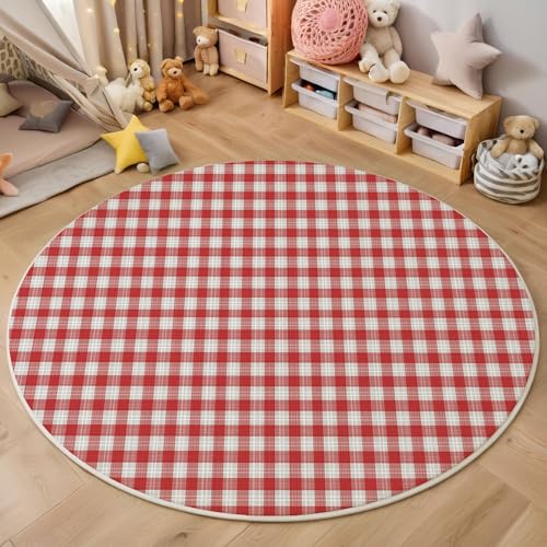ZISTRCBAO Rot-Weiß Kariert rutschfest Runder Teppich 120cm, Minimalismus Runder Teppich Wohnzimmer, Rot Dekoration Teppiche Weich Waschbar Für Zuhause Bodenmatte Schlafzimmer Dekorativer Teppiche von ZISTRCBAO