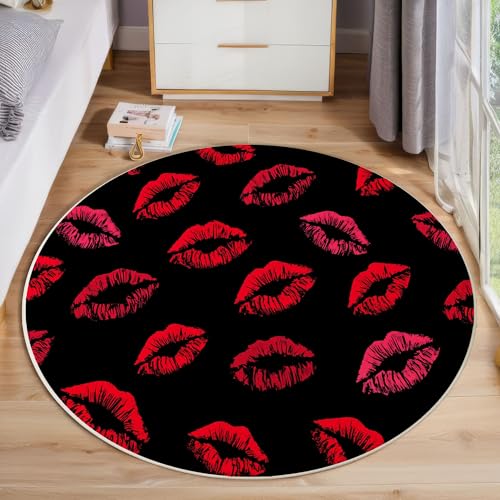 ZISTRCBAO Rote Lippen Runder Teppich, Liebesthema Runde Teppiche, Weich Waschbar rutschfest Wohnzimmer Schlafzimmer Nachttisch Restaurant Korridor Fußmatte Teppiche (100cm, Schwarz) von ZISTRCBAO