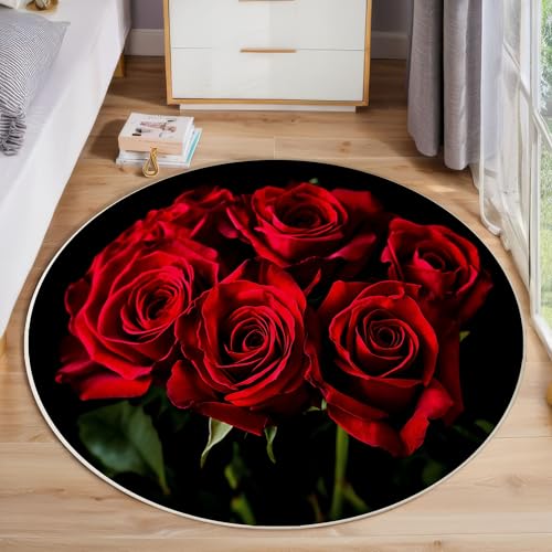 ZISTRCBAO Rote Rose Blumen Runder Teppich Innenbereich, Retro-Romantik Teppich Rund rutschfest Schlafzimmer Teppiche, Niedrigflorig rutschfest Fussabstreifer Fürs Wohnzimmer Flur Büro (80cm, Rot) von ZISTRCBAO