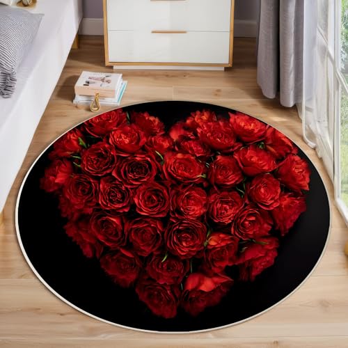 ZISTRCBAO Rote Rose Kurzflor Teppich Rund, Romantische Blumen Wohnzimmerteppich, Rot Runder Teppich 80cm Round Eingangsbereich Waschbar Weich for Wohnzimmer Schlafzimmer Studie Heimbüro von ZISTRCBAO