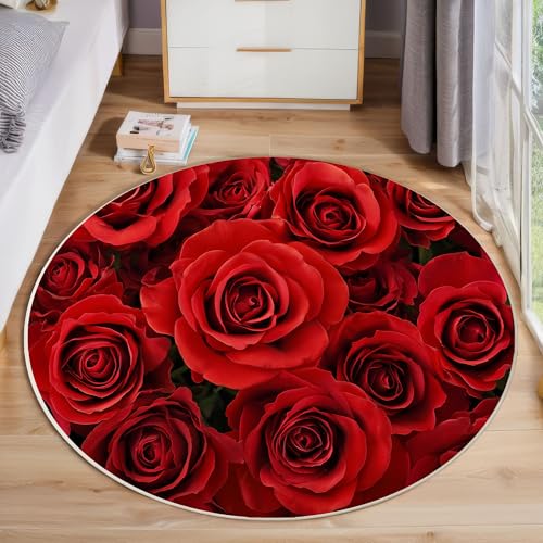 ZISTRCBAO Rote Rose rutschfest Runder Teppich 60cm, Romantische Blumen Runder Teppich Wohnzimmer, Rot Dekoration Teppiche Weich Waschbar Für Zuhause Bodenmatte Schlafzimmer Dekorativer Teppiche von ZISTRCBAO