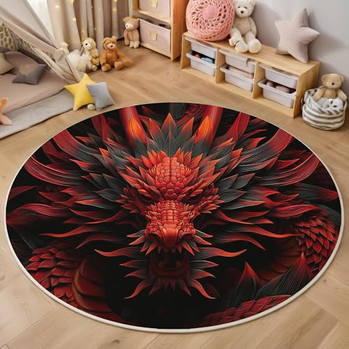 ZISTRCBAO Roter Drachenkopf Kurzflor Teppich Rund, Chinesischer Kunststil Wohnzimmerteppich, Rot Runder Teppich 60cm Round Eingangsbereich Waschbar Weich for Wohnzimmer Schlafzimmer Studie Heimbüro von ZISTRCBAO
