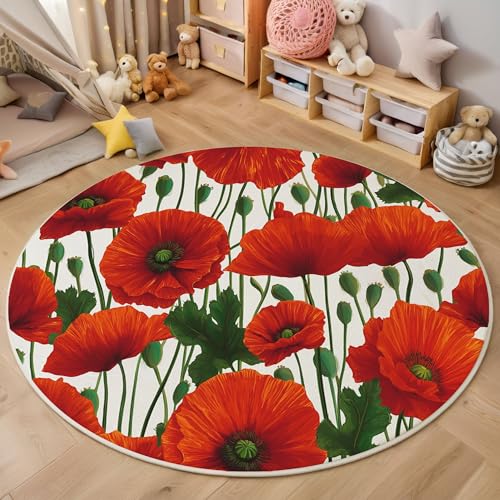 ZISTRCBAO Roter Mohn Mit Blumen Kurzflor Teppich Rund, Aquarell Blumen Wohnzimmerteppich, Rot Runder Teppich 160cm Round Eingangsbereich Waschbar Weich for Wohnzimmer Schlafzimmer Studie Heimbüro von ZISTRCBAO