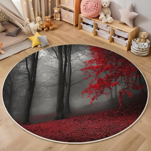 ZISTRCBAO Roter Wald Kurzflor Teppich Rund, Fantasy-Kunst Wohnzimmerteppich, Rot Runder Teppich 60cm Round Eingangsbereich Waschbar Weich for Wohnzimmer Schlafzimmer Studie Heimbüro von ZISTRCBAO