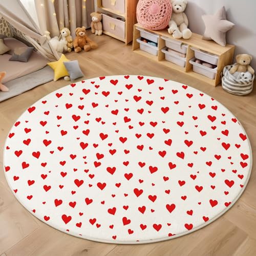 ZISTRCBAO Rotes Herz Kurzflor Teppich Rund, Modern Und Schlicht Wohnzimmerteppich, Rot Runder Teppich 100cm Round Eingangsbereich Waschbar Weich for Wohnzimmer Schlafzimmer Studie Heimbüro von ZISTRCBAO