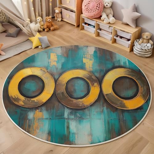ZISTRCBAO Runder Goldring Mit Holzmaserung Runder Teppich, Vintage-Aquarell Runde, Weich Waschbar rutschfest Wohnzimmer Schlafzimmer Nachttisch Restaurant Korridor Fußmatte (120cm, Blaugrün) von ZISTRCBAO