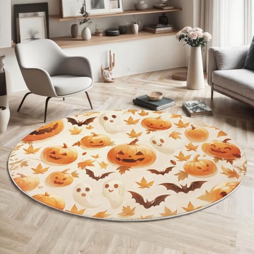 ZISTRCBAO Runder Teppich 160cm, Kürbisfledermaus Teppich Rund, Halloween rutschfest Teppiche Weich Wohnzimmer Für Küche Schlafzimmer Studie Heimbüro, Orange von ZISTRCBAO
