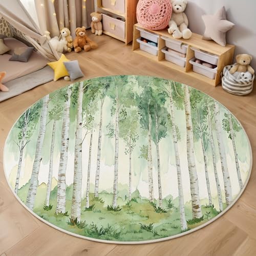ZISTRCBAO Runder Teppich 80cm, Birkenwald Teppich Rund, Aquarell Wald rutschfest Teppiche Weich Wohnzimmer Für Küche Schlafzimmer Studie Heimbüro, Grün von ZISTRCBAO