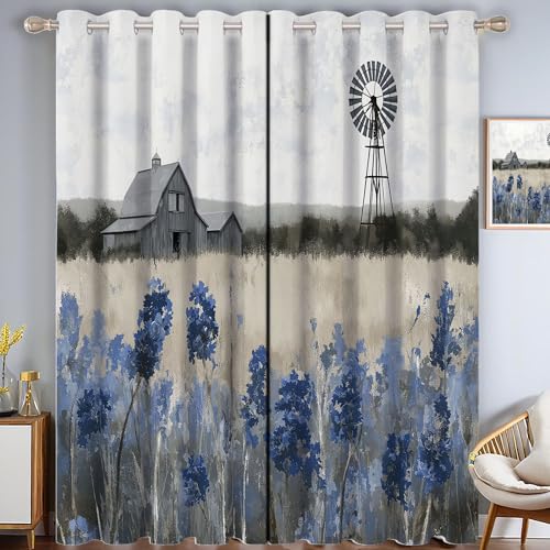 ZISTRCBAO Scheunenblumenmeer Verdunkelungsvorhänge, Aquarellstil Thermisch Isoliert Fensterbehandlung Vorhänge Für Wohnzimmer Dekoration, Blau 2 Paneele H182xB91cm von ZISTRCBAO