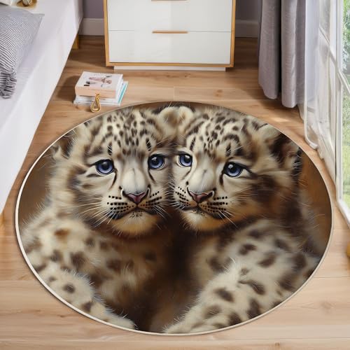 ZISTRCBAO Schneeleopard Kurzflor Teppich Rund, Tierrealismus Wohnzimmerteppich, Hellbraun Runder Teppich 160cm Round Eingangsbereich Waschbar Weich for Wohnzimmer Schlafzimmer Studie Heimbüro von ZISTRCBAO