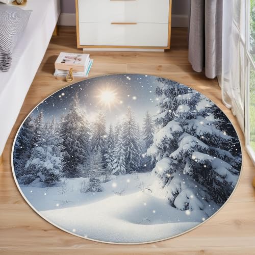 ZISTRCBAO Schneewald Teppich Für Wohnzimmer Rund, Weihnachten Waschbarer Runder Teppich, Weiß Ultradünner Niederflor-Teppiche Für Wohnzimmer Couchtisch Küche, 180cm von ZISTRCBAO