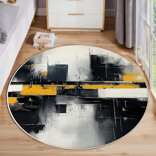 ZISTRCBAO Schwarz-Gelbes Aquarell Runder Teppich, Moderne Kunst Runde, Weich Waschbar rutschfest Wohnzimmer Schlafzimmer Nachttisch Restaurant Korridor Fußmatte (160cm, Gelb) von ZISTRCBAO