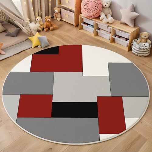 ZISTRCBAO Schwarz Rot Geometrie Kurzflor Teppich Rund, Minimalistisch Wohnzimmerteppich, Grau Runder Teppich 120cm Round Eingangsbereich Waschbar Weich for Wohnzimmer Schlafzimmer Studie Heimbüro von ZISTRCBAO