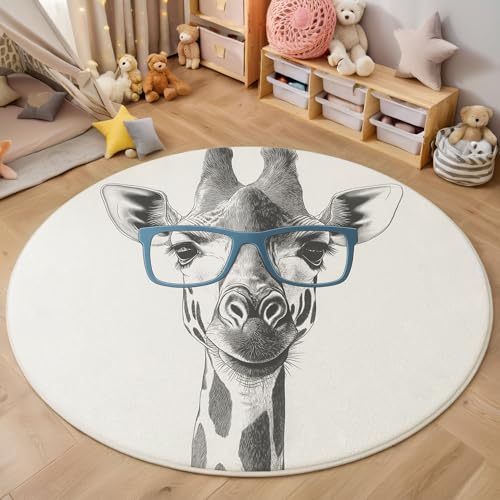 ZISTRCBAO Schwarz-Weiße Giraffe Kurzflor Teppich Rund, Tierportrait Wohnzimmerteppich, Grau Runder Teppich 180cm Round Eingangsbereich Waschbar Weich for Wohnzimmer Schlafzimmer Studie Heimbüro von ZISTRCBAO