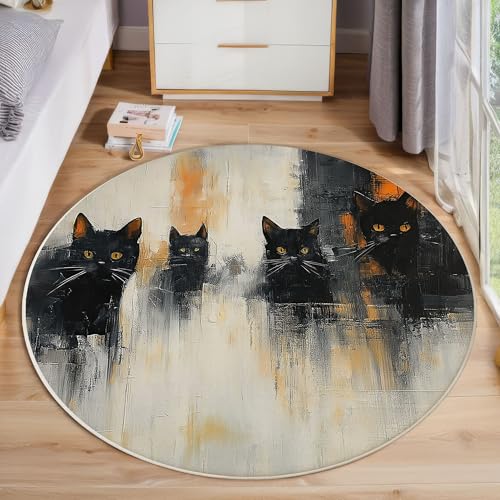 ZISTRCBAO Schwarze Katze Tier Runder Teppich, Abstraktes Ölgemälde Runde, Weich Waschbar rutschfest Wohnzimmer Schlafzimmer Nachttisch Restaurant Korridor Fußmatte (180cm, Schwarz) von ZISTRCBAO