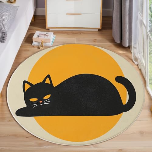 ZISTRCBAO Schwarze Katzensonne Runder Teppich, Niedliche Cartoon-Tiere Runde, Weich Waschbar rutschfest Wohnzimmer Schlafzimmer Nachttisch Restaurant Korridor Fußmatte (80cm, Gelb) von ZISTRCBAO
