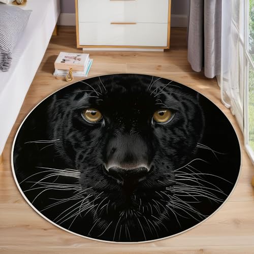 ZISTRCBAO Schwarzer Panther Teppich Rund 180cm, Tierportrait Runder Pflegeleichter Teppich, Schwarz Waschbarer Teppiche Schlafzimmer Teppiche Kurzflor Für Wohnzimmer Schlafzimmer Esszimmer von ZISTRCBAO