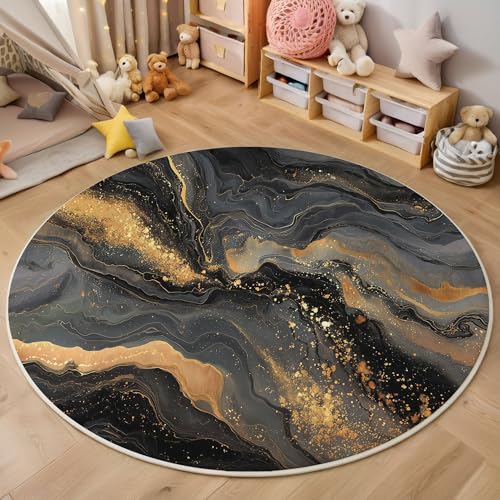 ZISTRCBAO Schwarzgoldmarmor Kurzflor Teppich Rund, Moderner Luxus Wohnzimmerteppich, Schwarz Runder Teppich 80cm Round Eingangsbereich Waschbar Weich for Wohnzimmer Schlafzimmer Studie Heimbüro von ZISTRCBAO