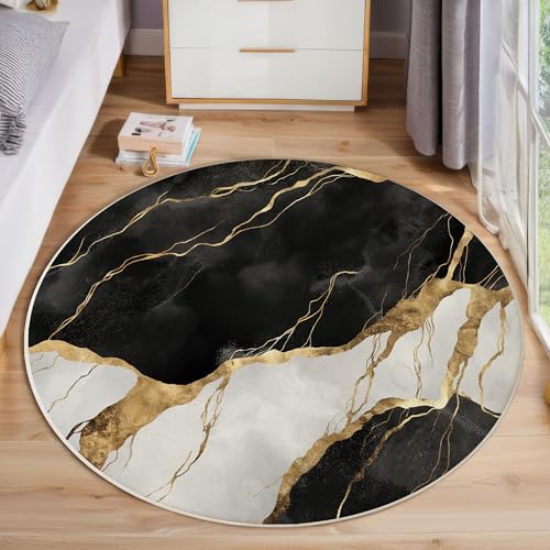 ZISTRCBAO Schwarzgoldmarmor Runder Teppich, Moderner Luxus Runde Teppiche, Weich Waschbar rutschfest Wohnzimmer Schlafzimmer Nachttisch Restaurant Korridor Fußmatte Teppiche (60cm, Schwarz) von ZISTRCBAO