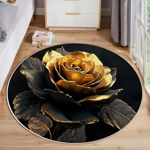 ZISTRCBAO Schwarzgoldrose Kurzflor Teppich Rund, Vintage Blumen Wohnzimmerteppich, Gold Runder Teppich 180cm Round Eingangsbereich Waschbar Weich for Wohnzimmer Schlafzimmer Studie Heimbüro von ZISTRCBAO