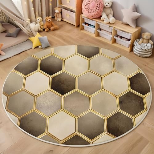 ZISTRCBAO Sechseckige Geometrie Kurzflor Teppich Rund, Retro-Schlichtheit Wohnzimmerteppich, Braun Runder Teppich 60cm Round Eingangsbereich Waschbar Weich for Wohnzimmer Schlafzimmer Studie Heimbüro von ZISTRCBAO