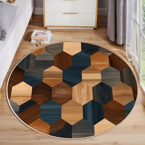 ZISTRCBAO Sechseckige Geometrie Runder Teppich, Retro-Boho Runde Teppiche, Weich Waschbar rutschfest Wohnzimmer Schlafzimmer Nachttisch Restaurant Korridor Fußmatte Teppiche (80cm, Braun) von ZISTRCBAO