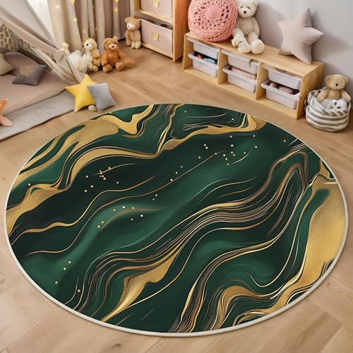 ZISTRCBAO Smaragdgrüner Goldmarmor Runder Teppich, Fluid Art Runde Teppiche, Weich Waschbar rutschfest Wohnzimmer Schlafzimmer Nachttisch Restaurant Korridor Fußmatte Teppiche (160cm, Dunkelgrün) von ZISTRCBAO