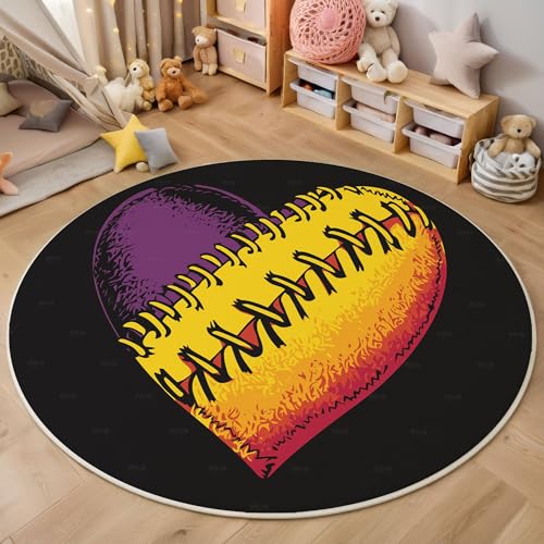 ZISTRCBAO Softball-Schnürsenkel Kurzflor Teppich Rund, Retro-Sportthema Wohnzimmerteppich, Gelb Runder Teppich 180cm Round Eingangsbereich Waschbar Weich for Wohnzimmer Schlafzimmer Studie Heimbüro von ZISTRCBAO