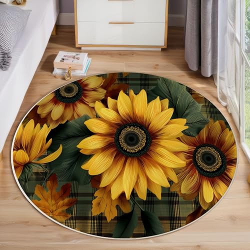 ZISTRCBAO Sonnenblume Runder Teppich, Aquarell Blumen Runde Teppiche, Weich Waschbar rutschfest Wohnzimmer Schlafzimmer Nachttisch Restaurant Korridor Fußmatte Teppiche (120cm, Gelb) von ZISTRCBAO
