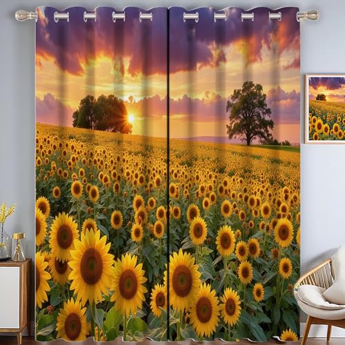 ZISTRCBAO Sonnenblume Verdunkelungsvorhänge, Pastoralstil Thermisch Isoliert Fensterbehandlung Vorhänge Für Wohnzimmer Dekoration, Gelb 2 Paneele H213xB137cm von ZISTRCBAO