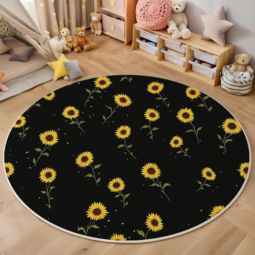 ZISTRCBAO Sonnenblumenblüten Kurzflor Teppich Rund, Minimalistisch Wohnzimmerteppich, Schwarz Runder Teppich 60cm Round Eingangsbereich Waschbar Weich for Wohnzimmer Schlafzimmer Studie Heimbüro von ZISTRCBAO