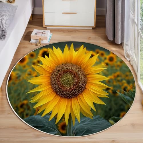 ZISTRCBAO Sonnenblumenfeld Teppich Für Wohnzimmer Rund, Floraler Realismus Waschbarer Runder Teppich, Gelb Ultradünner Niederflor-Teppiche Für Wohnzimmer Couchtisch Küche, 60cm von ZISTRCBAO