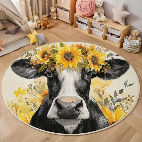 ZISTRCBAO Sonnenblumenkuh Kurzflor Teppich Rund, Aquarell Tiere Wohnzimmerteppich, Gelb Runder Teppich 120cm Round Eingangsbereich Waschbar Weich for Wohnzimmer Schlafzimmer Studie Heimbüro von ZISTRCBAO