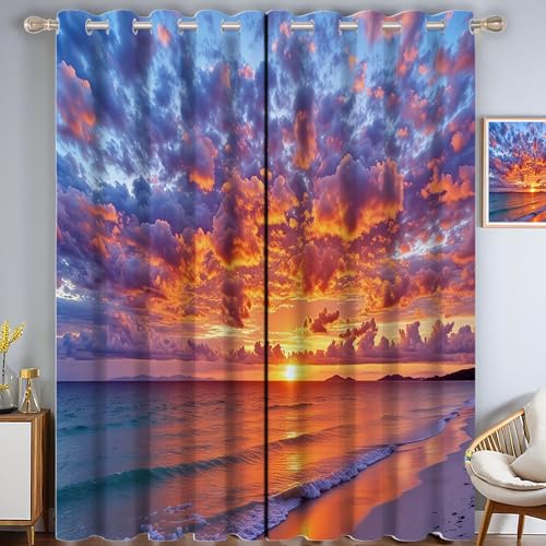 ZISTRCBAO Sonnenuntergang Am Strand Verdunkelungsvorhänge, Landschaftsrealismus Thermisch Isoliert Fensterbehandlung Vorhänge Für Wohnzimmer Dekoration, Orange Farbe 2 Paneele H182xB91cm von ZISTRCBAO