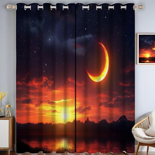 ZISTRCBAO Sonnenuntergang Mond Verdunkelungsvorhänge, Landschaftsrealismus Thermisch Isoliert Fensterbehandlung Vorhänge Für Wohnzimmer Dekoration, Orange Farbe 2 Paneele H213xB66cm von ZISTRCBAO